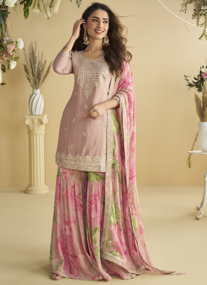 Vegaa Fashion Onion Pink Chinon Silk Embroidered Designer Palazzo Suit | Grocsy