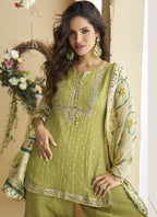 Vegaa Fashion Pista Green Chinon Silk Embroidered Designer Palazzo Suit | Grocsy