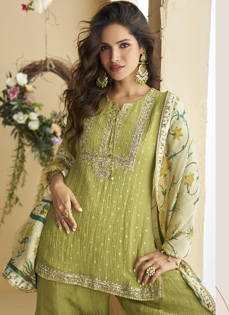 Vegaa Fashion Pista Green Chinon Silk Embroidered Designer Palazzo Suit | Grocsy