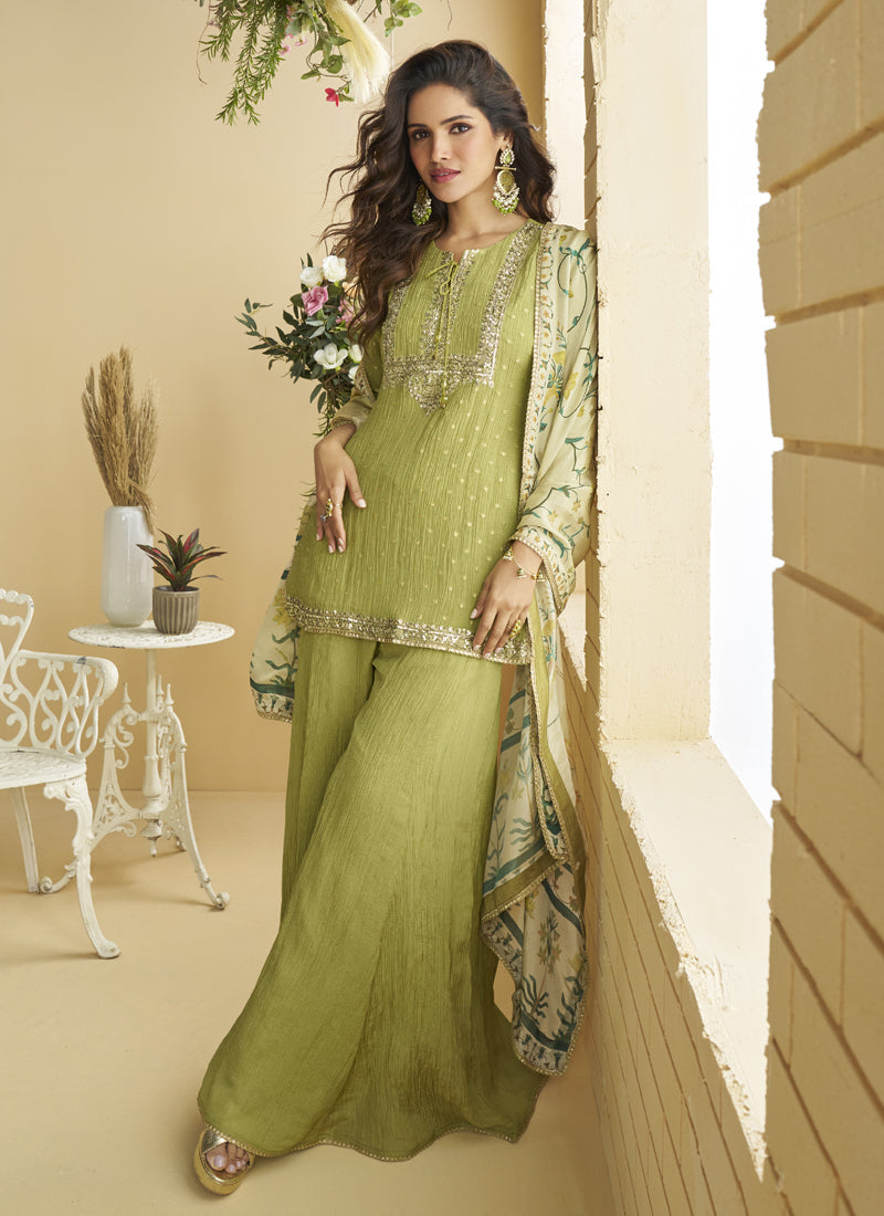 Vegaa Fashion Pista Green Chinon Silk Embroidered Designer Palazzo Suit | Grocsy