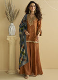 Vegaa Fashion Brown Chinon Silk Embroidered Designer Palazzo Suit | Grocsy