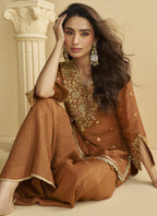 Vegaa Fashion Brown Chinon Silk Embroidered Designer Palazzo Suit | Grocsy