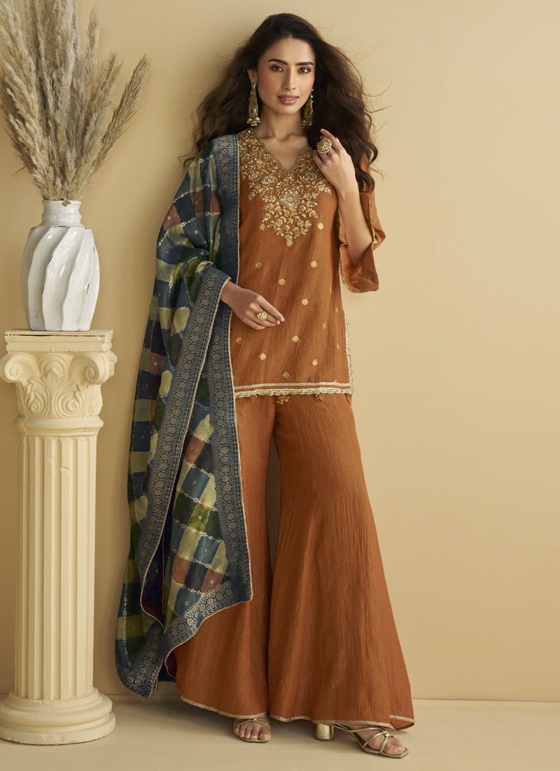 Vegaa Fashion Brown Chinon Silk Embroidered Designer Palazzo Suit | Grocsy