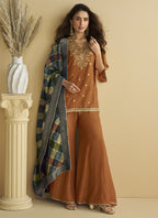 Vegaa Fashion Brown Chinon Silk Embroidered Designer Palazzo Suit | Grocsy