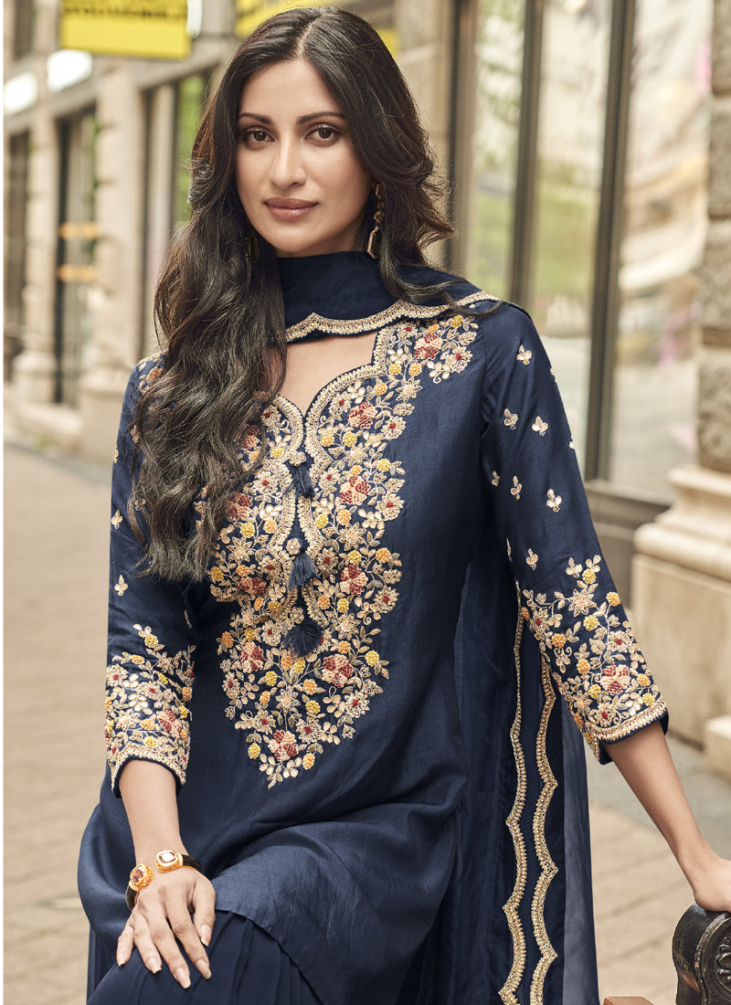 Vegaa Fashion Blue Premium Silk Embroidered Sharara Suit | Grocsy