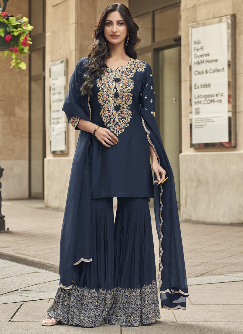 Vegaa Fashion Blue Premium Silk Embroidered Sharara Suit | Grocsy