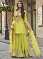 Vegaa Fashion Lime Green Premium Silk Embroidered Sharara Suit | Grocsy