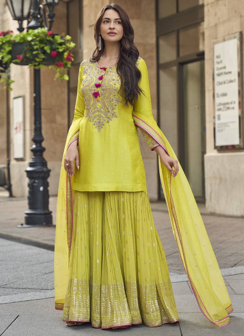 Vegaa Fashion Lime Green Premium Silk Embroidered Sharara Suit | Grocsy