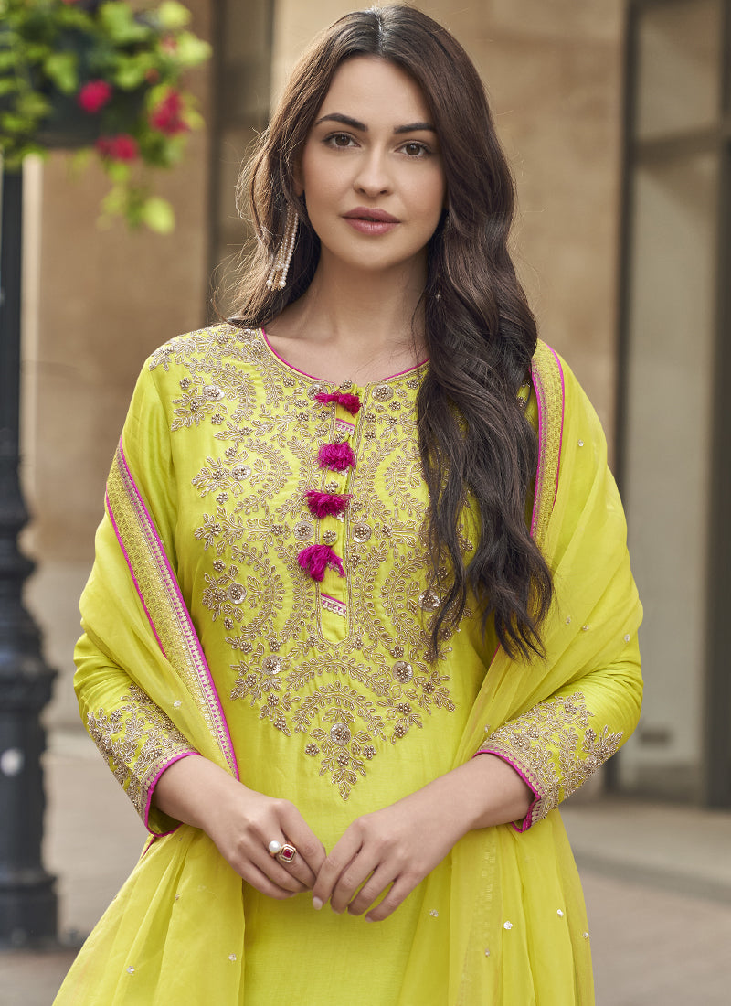 Vegaa Fashion Lime Green Premium Silk Embroidered Sharara Suit | Grocsy