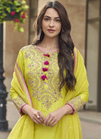 Vegaa Fashion Lime Green Premium Silk Embroidered Sharara Suit | Grocsy