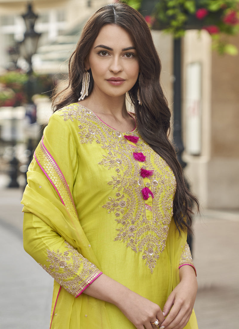 Vegaa Fashion Lime Green Premium Silk Embroidered Sharara Suit | Grocsy
