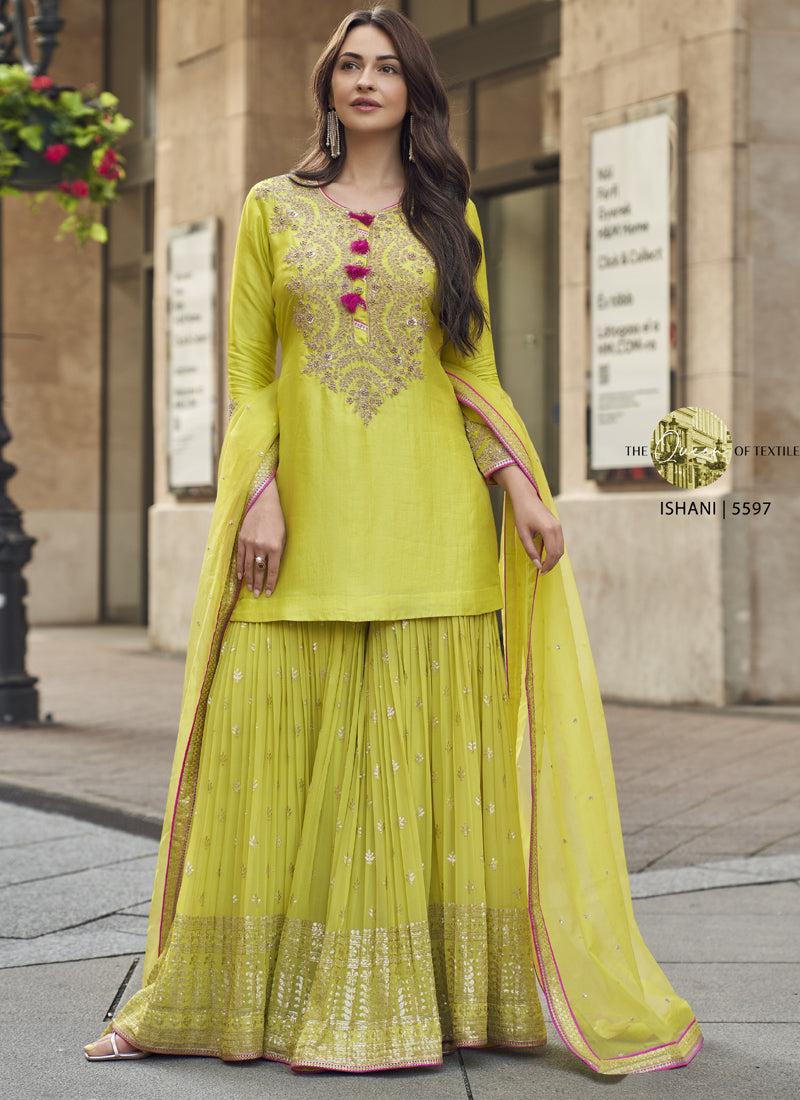 Vegaa Fashion Lime Green Premium Silk Embroidered Sharara Suit | Grocsy