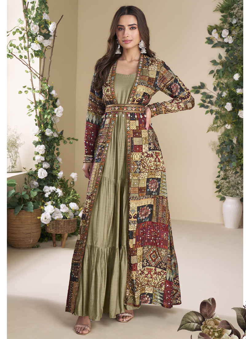 Vegaa Fashion Beige Georgette Embroidered Gown With Silk Sturg | Grocsy