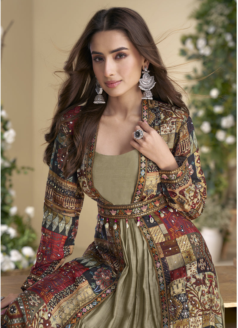 Vegaa Fashion Beige Georgette Embroidered Gown With Silk Sturg | Grocsy