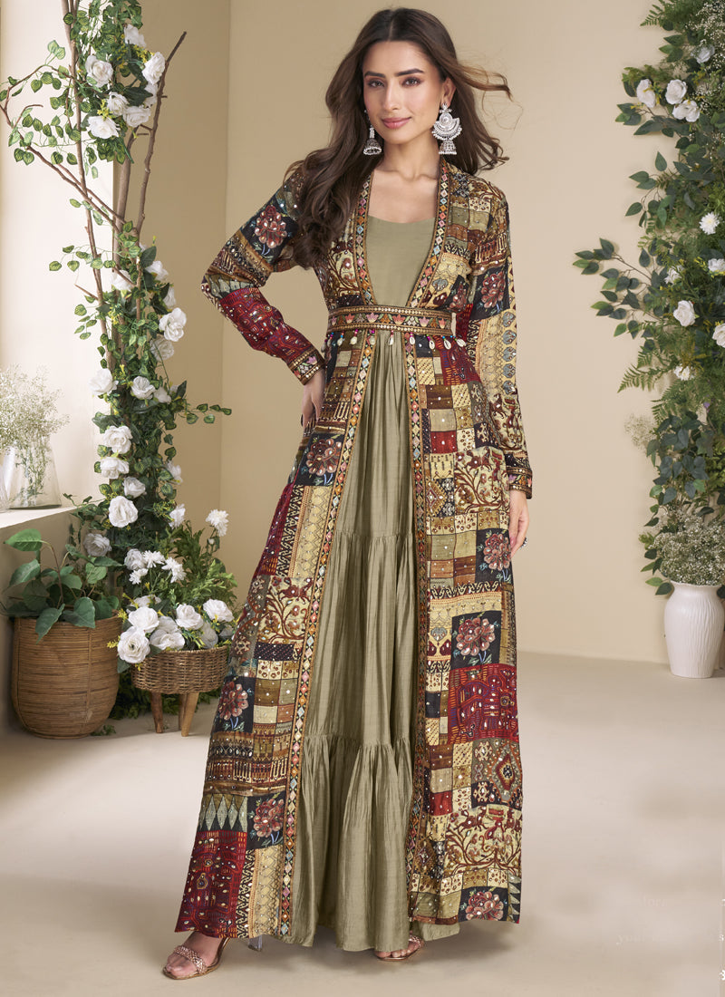 Vegaa Fashion Beige Georgette Embroidered Gown With Silk Sturg | Grocsy