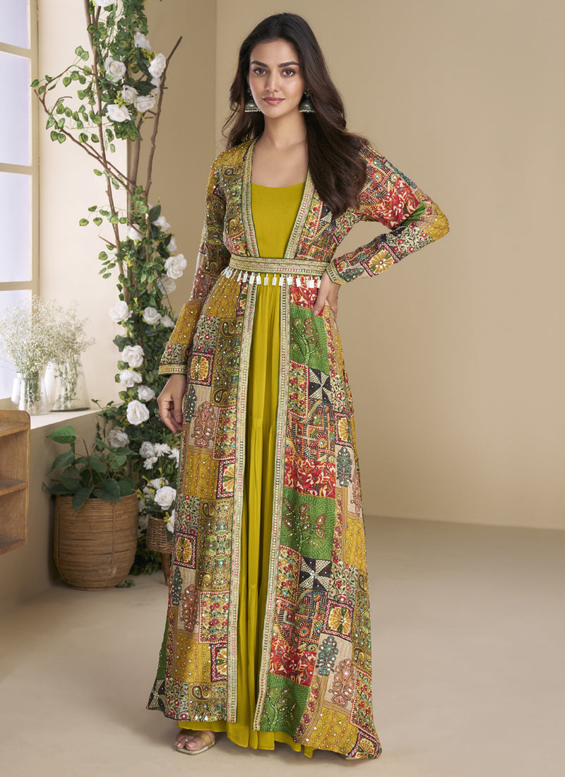 Vegaa Fashion Mustard Georgette Embroidered Gown With Silk Sturg | Grocsy