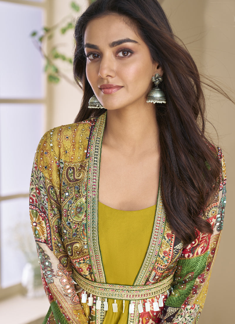 Vegaa Fashion Mustard Georgette Embroidered Gown With Silk Sturg | Grocsy