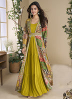 Vegaa Fashion Mustard Georgette Embroidered Gown With Silk Sturg | Grocsy