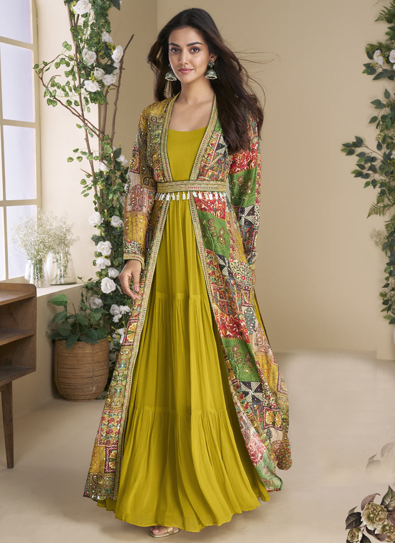 Vegaa Fashion Mustard Georgette Embroidered Gown With Silk Sturg | Grocsy