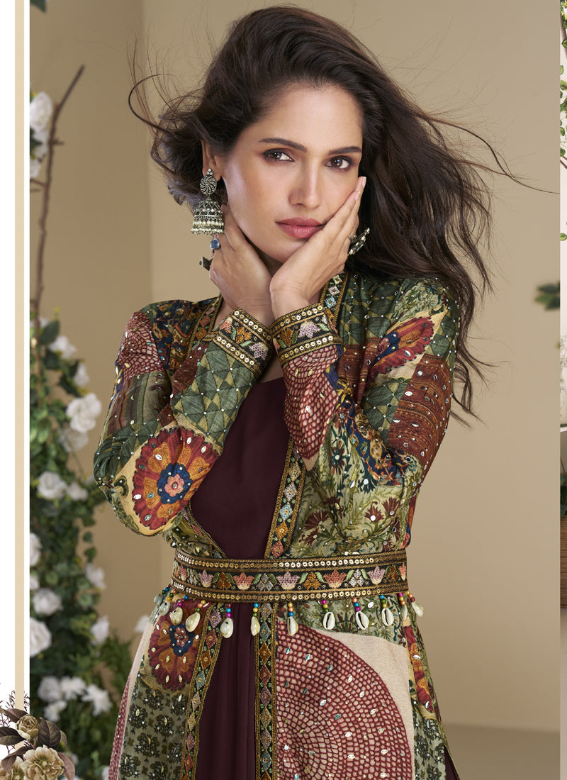 Vegaa Fashion Brown Georgette Embroidered Gown With Silk Sturg | Grocsy