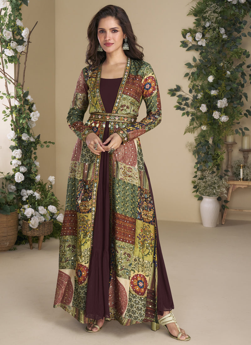 Vegaa Fashion Brown Georgette Embroidered Gown With Silk Sturg | Grocsy
