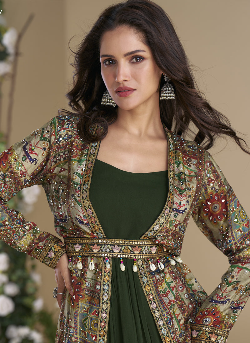 Vegaa Fashion Green Georgette Embroidered Gown With Silk Sturg | Grocsy