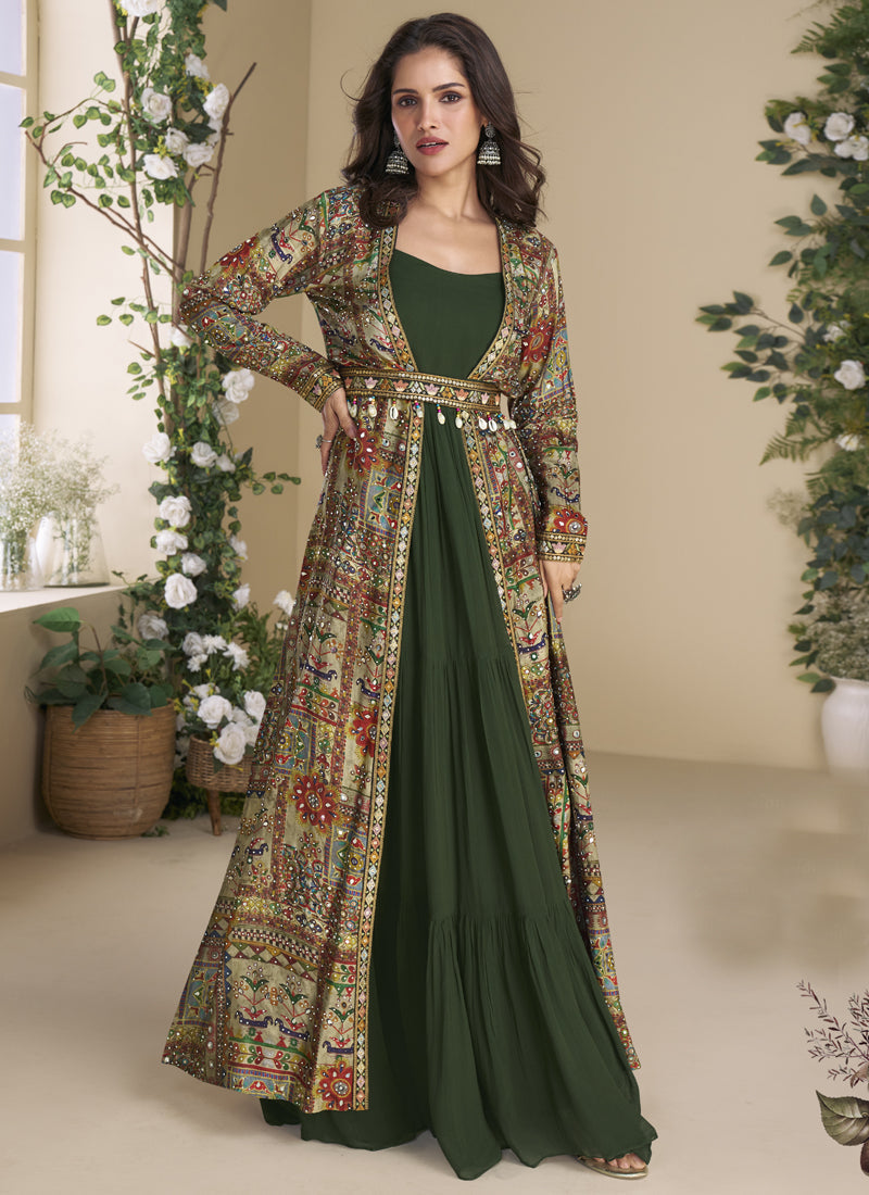 Vegaa Fashion Green Georgette Embroidered Gown With Silk Sturg | Grocsy