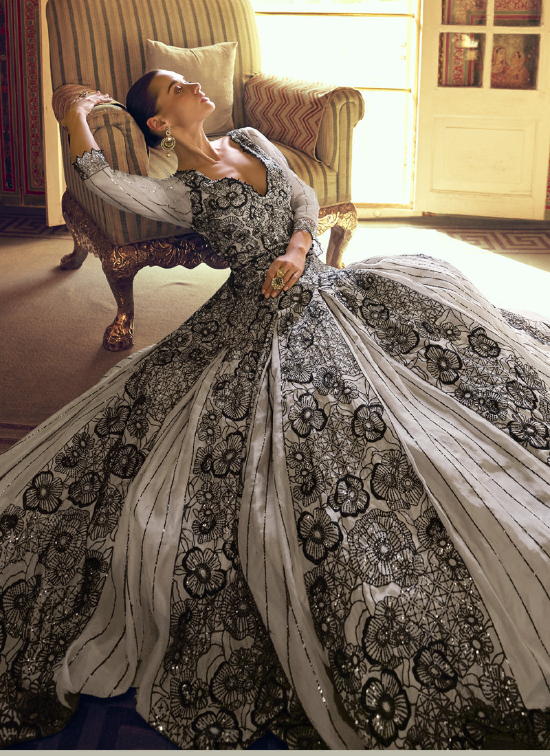Vegaa Fashion Light Grey Viscose Shimmer Jacquard Silk Embroidered Gown | Grocsy