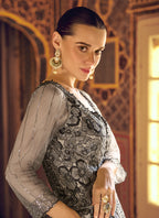 Vegaa Fashion Light Grey Viscose Shimmer Jacquard Silk Embroidered Gown | Grocsy