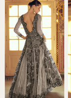 Vegaa Fashion Light Grey Viscose Shimmer Jacquard Silk Embroidered Gown | Grocsy