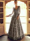 Vegaa Fashion Light Grey Viscose Shimmer Jacquard Silk Embroidered Gown | Grocsy