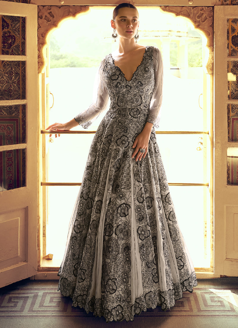 Vegaa Fashion Light Grey Viscose Shimmer Jacquard Silk Embroidered Gown | Grocsy