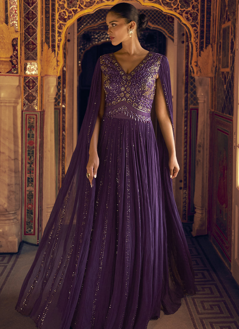 Vegaa Fashion Violet Viscose Shimmer Jacquard Silk Embroidered Gown | Grocsy