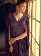 Vegaa Fashion Violet Viscose Shimmer Jacquard Silk Embroidered Gown | Grocsy