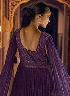 Vegaa Fashion Violet Viscose Shimmer Jacquard Silk Embroidered Gown | Grocsy