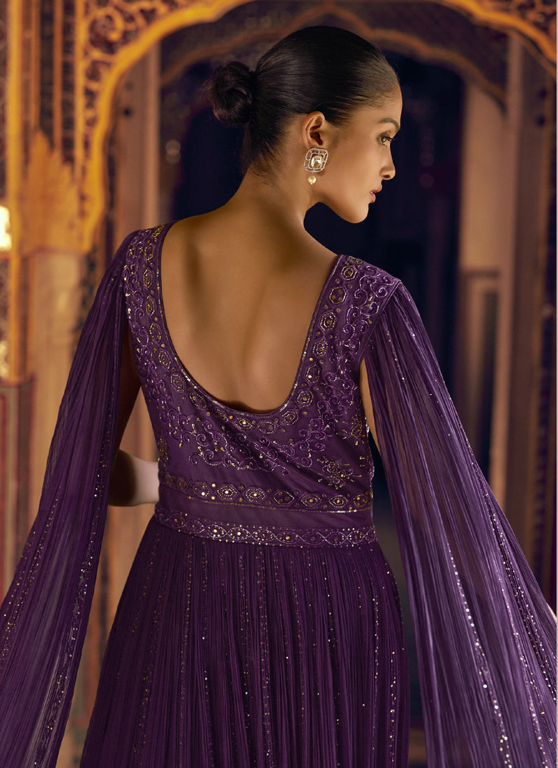 Vegaa Fashion Violet Viscose Shimmer Jacquard Silk Embroidered Gown | Grocsy