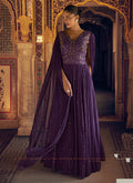Vegaa Fashion Violet Viscose Shimmer Jacquard Silk Embroidered Gown | Grocsy