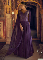 Vegaa Fashion Violet Viscose Shimmer Jacquard Silk Embroidered Gown | Grocsy