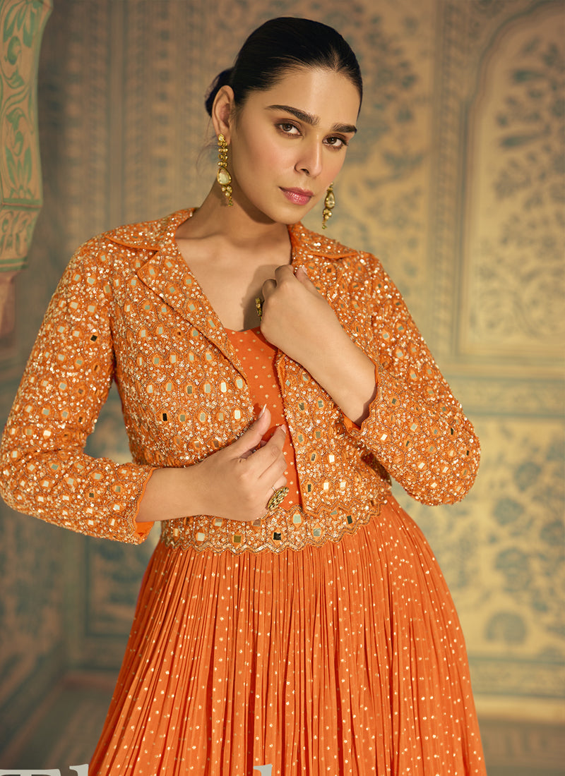 Vegaa Fashion Orange Viscose Shimmer Jacquard Silk Embroidered Gown | Grocsy