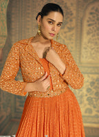 Vegaa Fashion Orange Viscose Shimmer Jacquard Silk Embroidered Gown | Grocsy