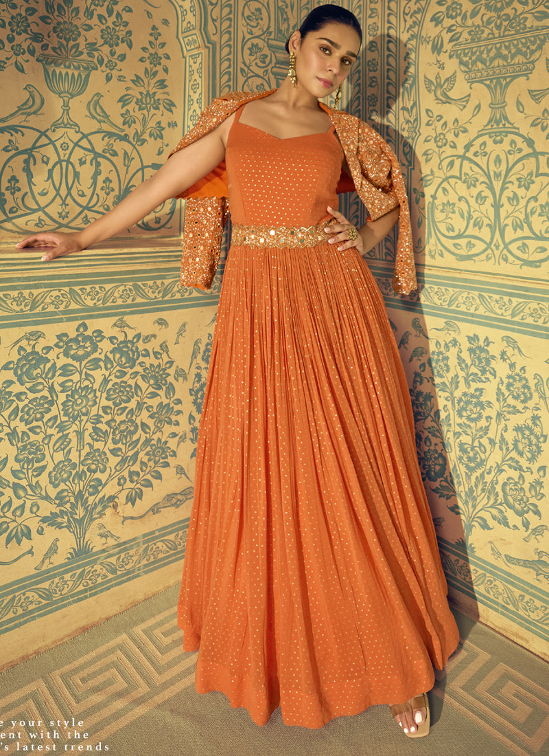 Vegaa Fashion Orange Viscose Shimmer Jacquard Silk Embroidered Gown | Grocsy