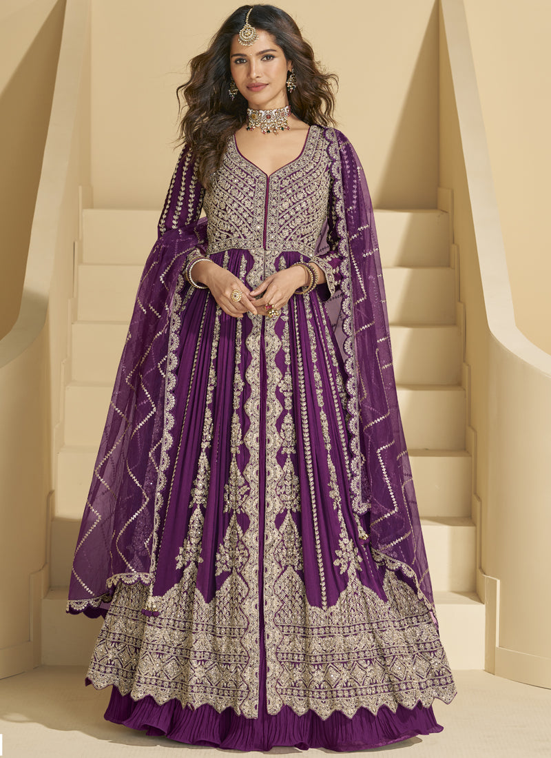 Vegaa Fashion Purple Chinon Silk Embroidered Lehenga Style Suit | Grocsy