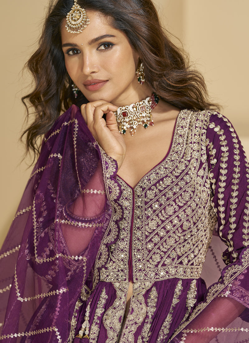 Vegaa Fashion Purple Chinon Silk Embroidered Lehenga Style Suit | Grocsy