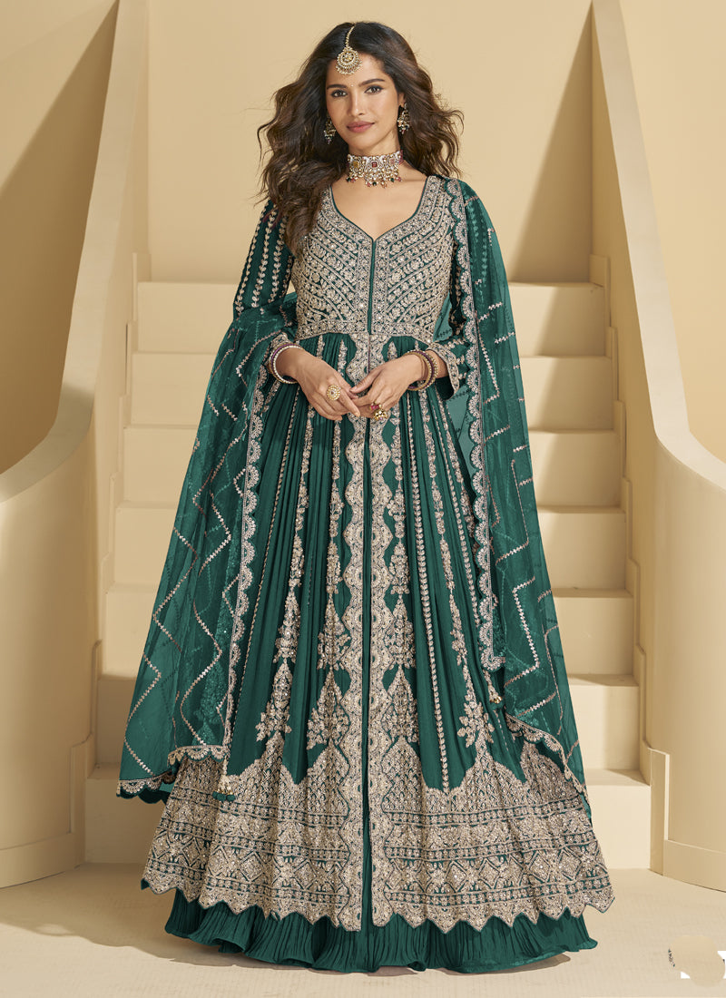 Vegaa Fashion Green Chinon Silk Embroidered Lehenga Style Suit | Grocsy
