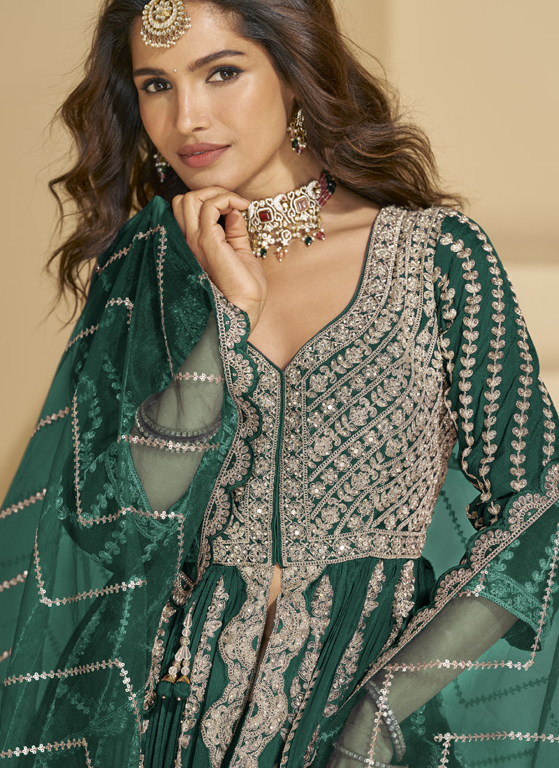 Vegaa Fashion Green Chinon Silk Embroidered Lehenga Style Suit | Grocsy