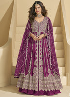 Vegaa Fashion Wine Chinon Silk Embroidered Lehenga Style Suit | Grocsy