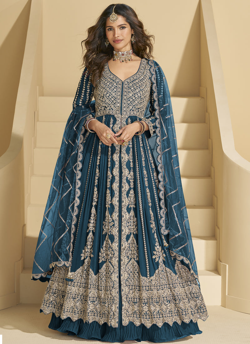 Vegaa Fashion Aqua Blue Chinon Silk Embroidered Lehenga Style Suit | Grocsy