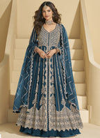 Vegaa Fashion Aqua Blue Chinon Silk Embroidered Lehenga Style Suit | Grocsy