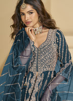 Vegaa Fashion Aqua Blue Chinon Silk Embroidered Lehenga Style Suit | Grocsy