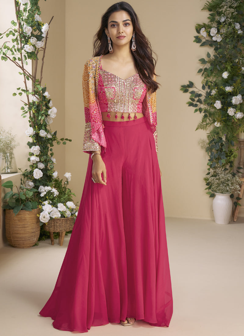 Vegaa Fashion Pink Chinon Silk Embroidered Western Palazzo Suit | Grocsy